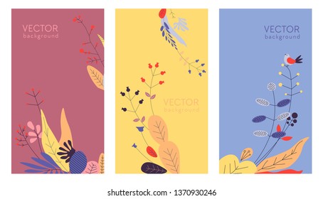 Bright vector backgrounds set. Spring designs with copy space for text. Posters banners or cover designs for social media stories, cover design templates with fresh beautiful summer flowers a