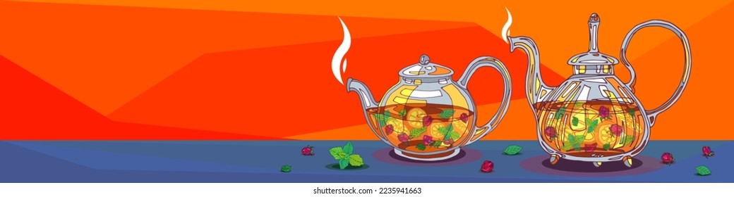 Bright vector banner with glass teapots, tea party ceremony. Rose and lemon tea illustration. Hot drink