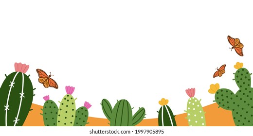 Banner vectorial brillante con cactús de dibujos a mano, flores y mariposas. Migración de mariposas monarcas en la Reserva de la Biosfera Mexicana