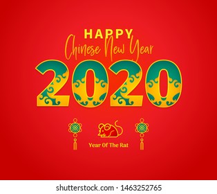 Bright vector banner with Happy New Year 2020 logo text design in Chinese style. Illustration of Rat zodiac sign, symbol of 2020 on the Chinese calendar. Chinese elements for New Year's design.