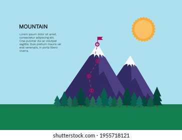 Bright vector banner with mountains, trees, passed route and place for your text. Template for brochure, web and advertising banner, poster, business concept, advertisement of travel agency, mailing.