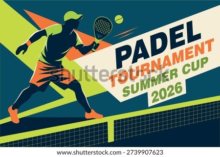 Bright vector banner for the Padel Tennis Championship Tournament. Sporty style, dynamic player silhouettes, orange, blue, green colors with text. Modern design for advertising the Padel, Summer Cu