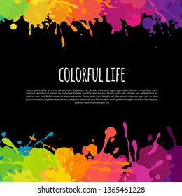 Bright vector banner with paint splatters on black background. Vector template with text blocks and horizontal colorful borders with paint stains. 