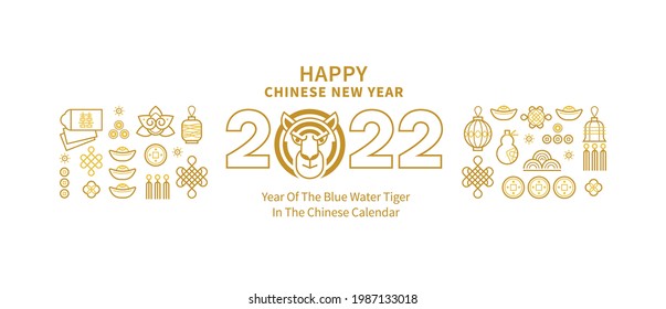 Bright vector banner, poster, card, logo element, line art illustration of the Tiger Zodiac sign, Symbol of 2022 on the Chinese calendar, isolated. Blue Water Tiger, Chine Calendar.