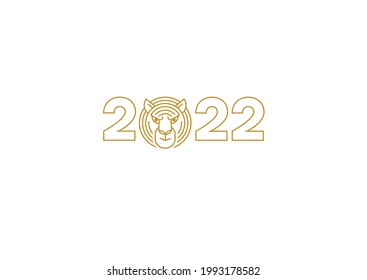 Bright vector banner, poster, card, logo element, line art gold illustration of the Tiger Zodiac sign, Symbol of 2022 on the Chinese Lunar calendar, isolated. Blue Water Tiger, Chine Calendar.