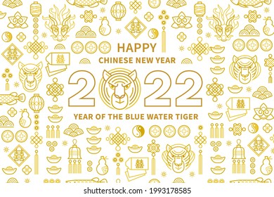 Bright vector banner, poster, card, Chinese elements, line art gold illustration of the Tiger Zodiac sign, Symbol of 2022 on the Chinese Lunar calendar, isolated. Blue Water Tiger, Chine Calendar.