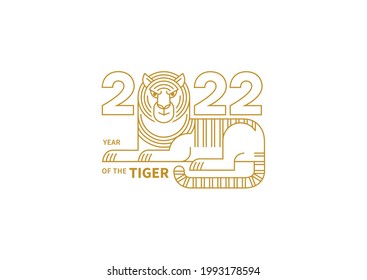 Bright vector banner, poster, card, logo element, line art gold illustration of the Tiger Zodiac sign, Symbol of 2022 on the Chinese Lunar calendar, isolated. Blue Water Tiger, Chine Calendar.