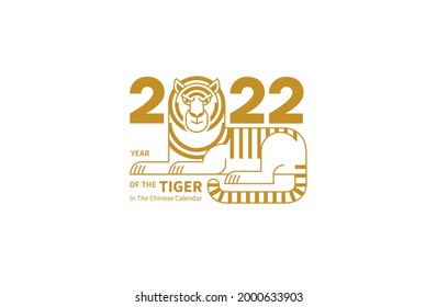 Bright vector banner, poster, card, logo element, line art gold illustration of the Tiger Zodiac sign, Symbol of 2022 on the Chinese Lunar calendar, isolated. Blue Water Tiger, Chine Calendar.