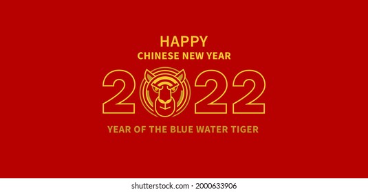 Bright vector banner, poster, card, logo element, line art gold illustration of the Tiger Zodiac sign, Symbol of 2022 on the Chinese Lunar calendar, red backdrop. Blue Water Tiger, Chine Calendar.