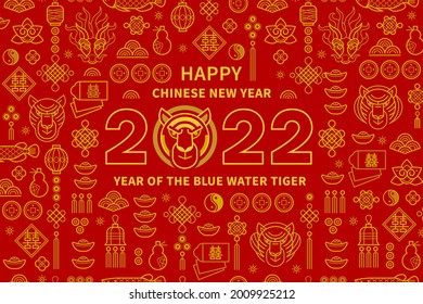 Bright vector banner, poster, card, logo element, line art gold illustration of the Tiger Zodiac sign, Symbol of 2022 on the Chinese Lunar calendar, red backdrop. Blue Water Tiger, Chine Calendar.