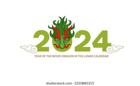 Bright vector banner, poster, card, logo element, stylized illustration of the Dragon Zodiac sign, Symbol of 2024 on the Chinese Lunar calendar, isolated. Head of green Dragon, Chine Calendar.