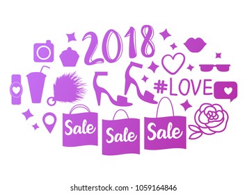 Bright Vector banner of shopping 2018. Set of  sale symbols isolated on white background.