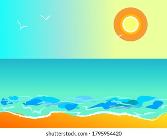 Dibujo vectorial de la playa en forma de vectores. Temporada veraniega.