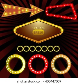 Bright Vector Billboard Signage Light Bulbs,Neon Lamps, Frames, Arrows, Icons.