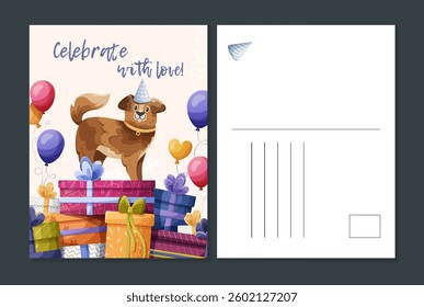 A bright vector birthday postcard design featuring a charming, cute dog in a party hat with gift boxes and colorful balloons. Front and back sides included, perfect for printing