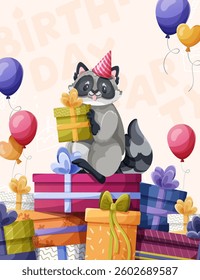 A bright vector birthday postcard design featuring a charming, playful raccoon in a party hat with a gift box and colorful balloons