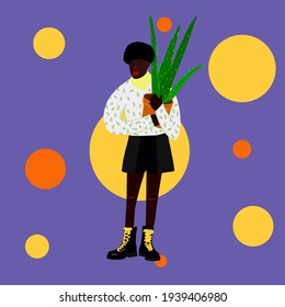 bright vector of black man that holds flower pot with indoor flowers on purple background. graphic resourse, fashion illustration