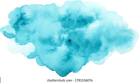 Bright vector blue and turquoise expressive wet watercolor texture blob isolated on white, wash technique. Modern creative watercolour stain for decoration, abstract water or cloud concept, background