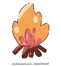 Bright vector bonfire, campfire, heats and burns. vivid events, wildlife. Flat cartoon style. Postcard, icon, sticker.
