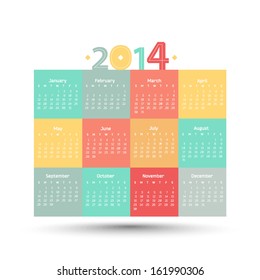 Bright vector calendar for 2014 year. Weeks begin on Sundays.