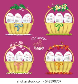 Bright vector calendar for 2017 with four baskets of eggs, which symbolize the seasons