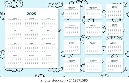 Bright vector calendar for 2025 with colorful illustrations. Perfect for planning, office and home decor. User-friendly design, each month is decorated in a unique style