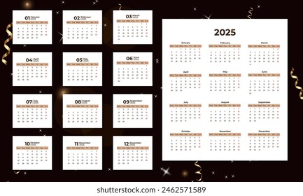 Bright vector calendar for 2025 with colorful illustrations. Perfect for planning, office and home decor. User-friendly design, each month is decorated in a unique style