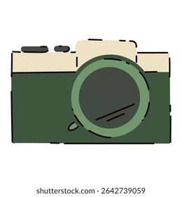 Bright vector camera, forest photo session , vivid events, wildlife. Flat cartoon style. Postcard, icon, sticker.