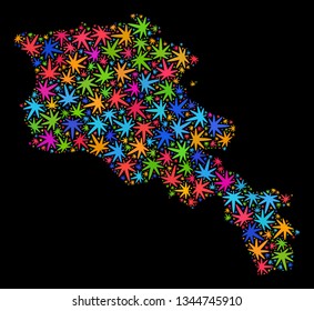 Bright vector cannabis Armenia map mosaic on a black background. Template with bright weed leaves for weed legalize campaign. Vector Armenia map is organized with ganja leaves.