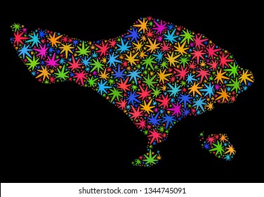 Bright vector cannabis Bali map collage on a black background. Template with multi-colored weed leaves for cannabis legalize campaign. Vector Bali map is constructed with cannabis leaves.