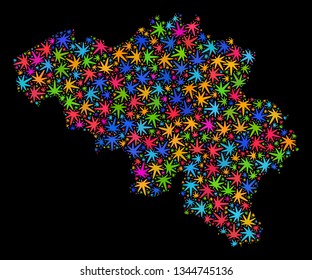 Bright vector cannabis Belgium map mosaic on a black background. Concept with psychedelic herbal leaves for cannabis legalize campaign. Vector Belgium map is created with cannabis leaves.
