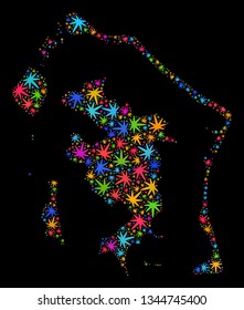 Bright vector cannabis Bora-Bora map mosaic on a black background. Template with bright weed leaves for cannabis legalize campaign. Vector Bora-Bora map is designed of weed leaves.