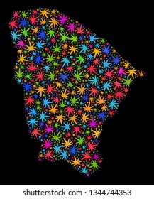 Bright vector cannabis Ceara state map collage on a black background. Concept with bright herbal leaves for weed legalize campaign. Vector Ceara state map is organized with weed leaves.