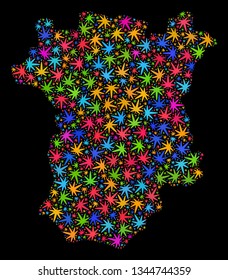 Bright vector cannabis Chechen Republic map collage on a black background. Concept with bright herbal leaves for cannabis legalize campaign.