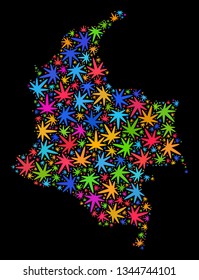 Bright vector cannabis Colombia map collage on a black background. Concept with bright herbal leaves for hemp legalize campaign. Vector Colombia map is constructed with herbal leaves.