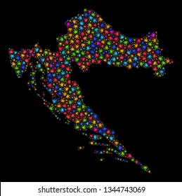 Bright vector cannabis Croatia map mosaic on a black background. Template with multi-colored herbal leaves for cannabis legalize campaign. Vector Croatia map is organized from herbal leaves.