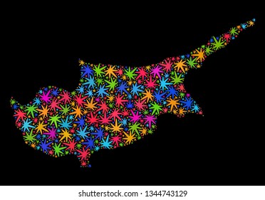 Bright vector cannabis Cyprus map mosaic on a black background. Template with bright weed leaves for cannabis legalize campaign. Vector Cyprus map is constructed with marijuana leaves.