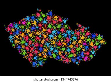 Bright vector cannabis Czech Republic map collage on a black background. Concept with bright weed leaves for cannabis legalize campaign. Vector Czech Republic map is organized with marijuana leaves.