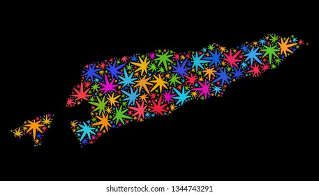 Bright vector cannabis East Timor map collage on a black background. Template with colorful weed leaves for weed legalize campaign. Vector East Timor map is formed with ganja leaves.