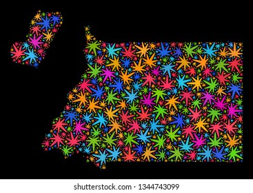 Bright vector cannabis Equatorial Guinea map mosaic on a black background. Template with bright herbal leaves for weed legalize campaign.