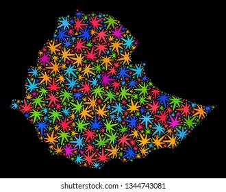 Bright vector cannabis Ethiopia map mosaic on a black background. Template with bright weed leaves for weed legalize campaign. Vector Ethiopia map is formed of marijuana leaves.