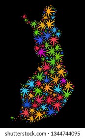 Bright vector cannabis Finland map collage on a black background. Concept with colored herbal leaves for weed legalize campaign. Vector Finland map is organized with herbal leaves.