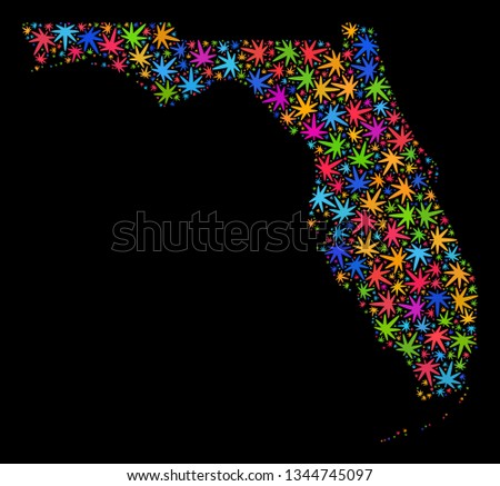 Bright vector cannabis Florida State map mosaic on a black background. Template with bright weed leaves for weed legalize campaign. Vector Florida State map is formed with cannabis leaves.