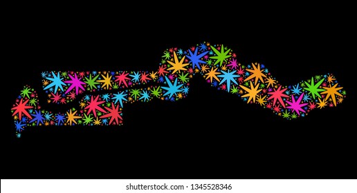 Bright vector cannabis the Gambia map mosaic on a black background. Template with bright herbal leaves for cannabis legalize campaign. Vector the Gambia map is created of weed leaves.
