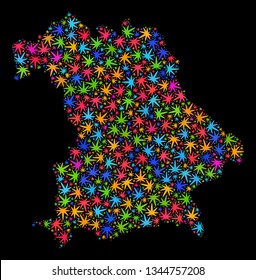 Bright vector cannabis Germany map mosaic on a black background. Concept with psychedelic herbal leaves for cannabis legalize campaign. Vector Germany map is constructed from cannabis leaves.