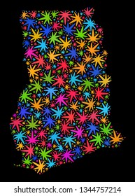 Bright vector cannabis Ghana map collage on a black background. Concept with psychedelic weed leaves for hemp legalize campaign. Vector Ghana map is constructed with cannabis leaves.