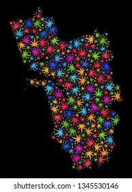 Bright vector cannabis Goa State map collage on a black background. Template with bright herbal leaves for cannabis legalize campaign. Vector Goa State map is composed of herbal leaves.