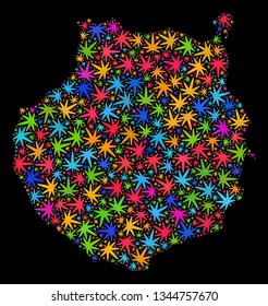 Bright vector cannabis Gran Canaria map collage on a black background. Concept with colored weed leaves for marijuana legalize campaign. Vector Gran Canaria map is created with cannabis leaves.