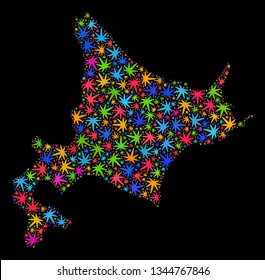 Bright vector cannabis Hokkaido map collage on a black background. Concept with multi-colored weed leaves for weed legalize campaign. Vector Hokkaido map is organized with cannabis leaves.