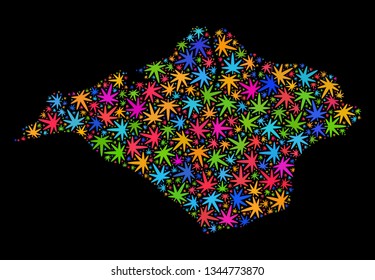 Bright vector cannabis Isle of Wight map mosaic on a black background. Template with bright weed leaves for weed legalize campaign. Vector Isle of Wight map is formed of weed leaves.